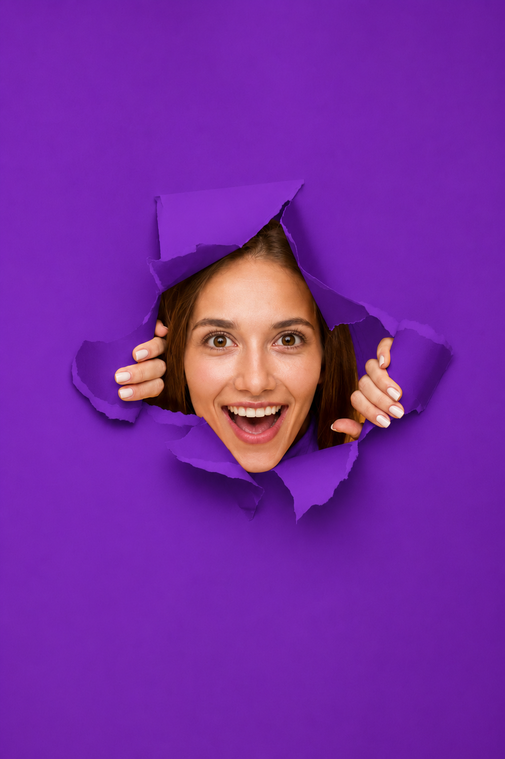 Excited learner peeking through torn purple paper