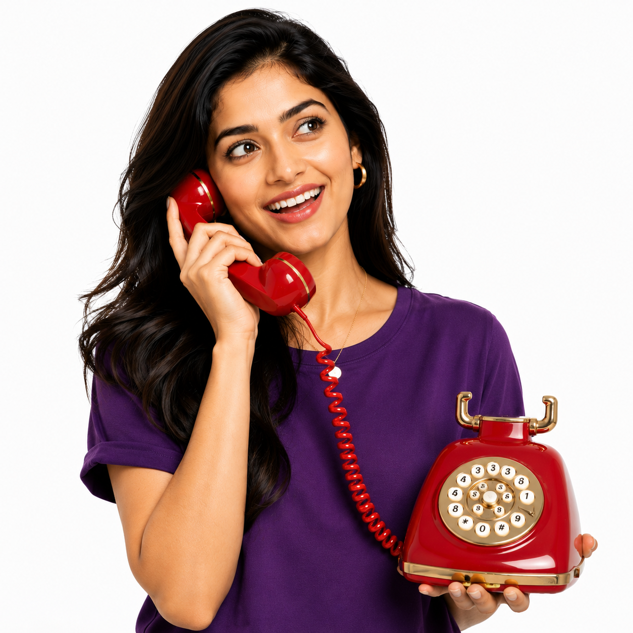 Friendly AI Vidya support agent on a red telephone ready to answer your questions
